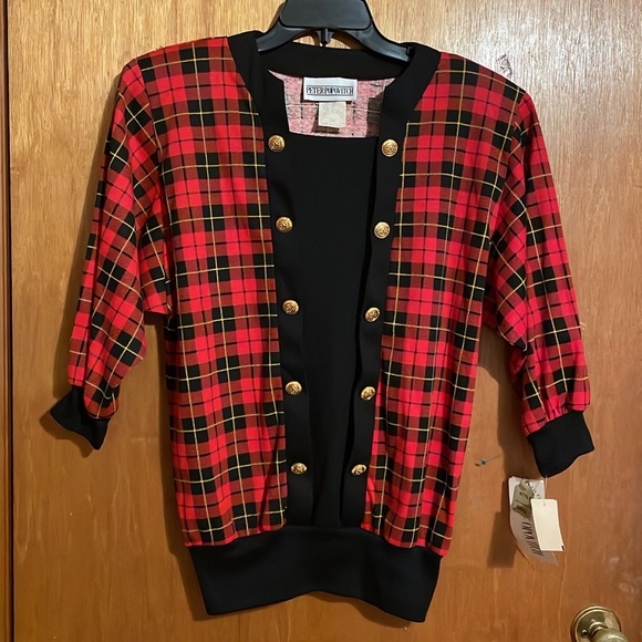 •PETER POPOVITCH•NWT VINTAGE BUFFALO PLAID GOLD BUTTON 3/4 SLEEVE BLOUSE SMALL - Picture 3 of 10
